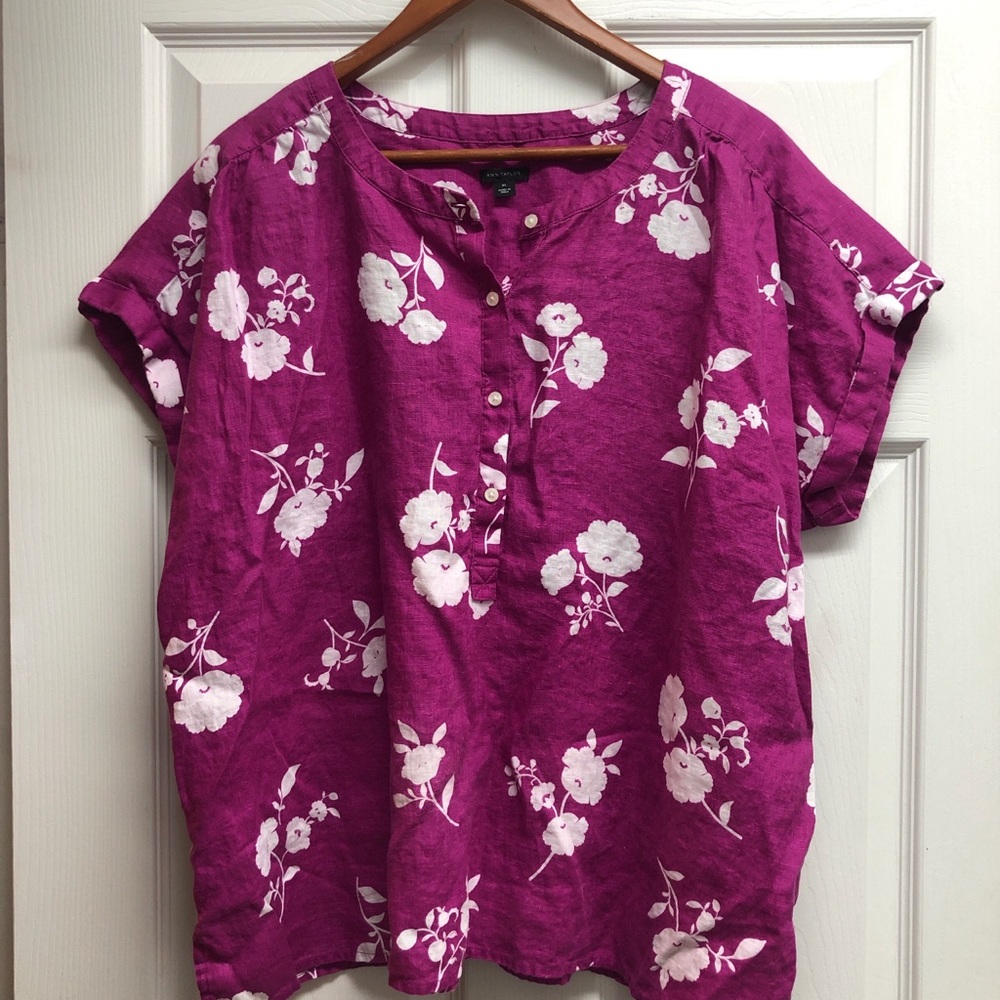 Ann Taylor Linen Floral XL Button-Front Blouse